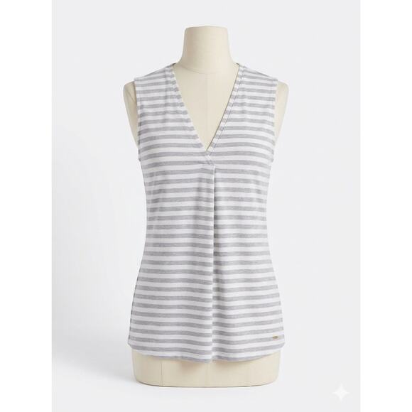 Tommy Hilfiger Tops - Tommy Hilfiger Striped V-Neck Tank Top L Grey White Pleated Front Summer Coastal